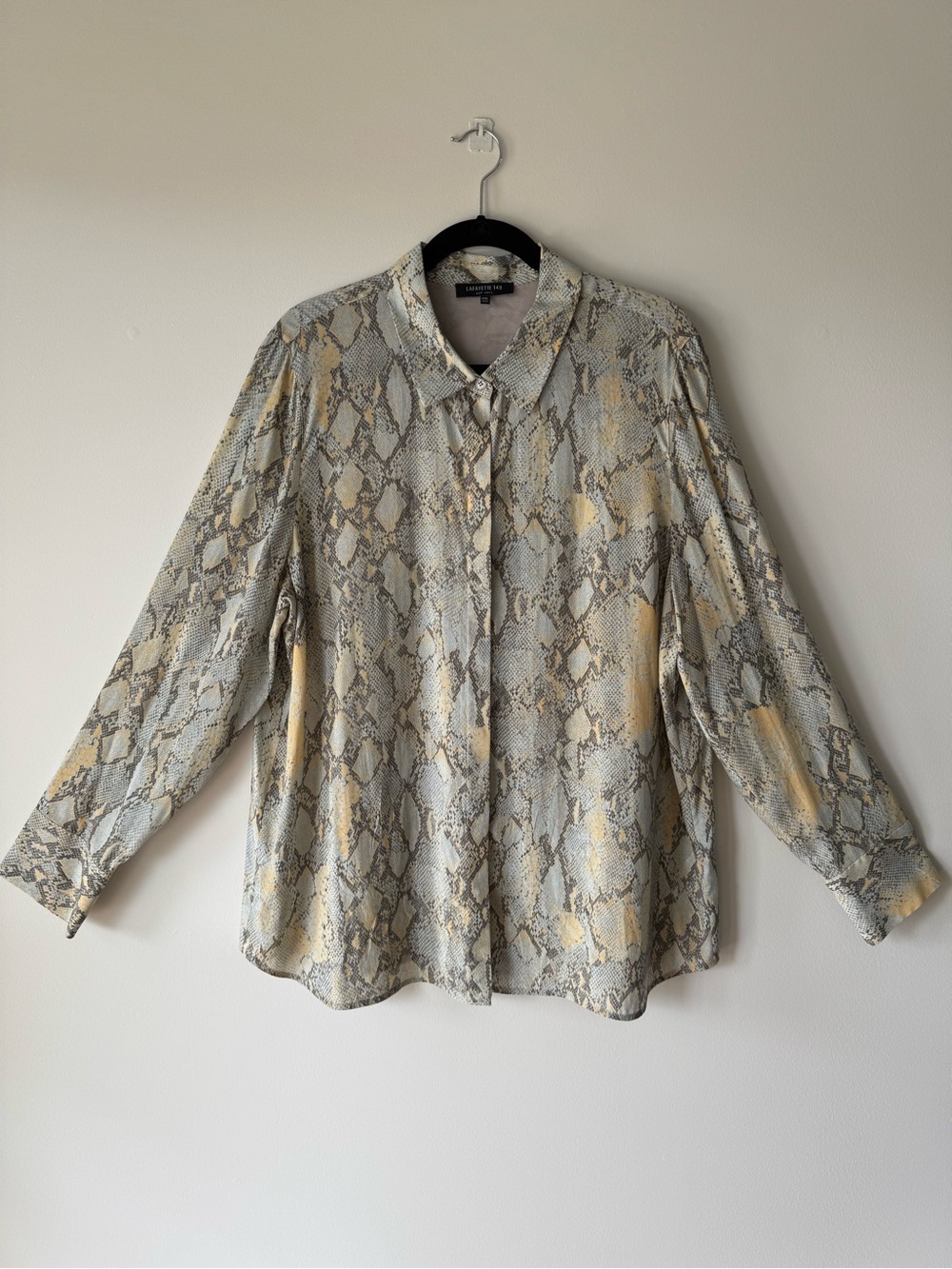 Lafayette 148 New York Snake-Print Button-Down Blouse in Yellow and Gray - Picture 2 of 16